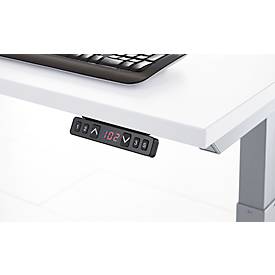Schäfer Shop Genius Schreibtisch Modena Flex, elektrisch höhenverstellbar, T-Fuß, B 1600 x T 800 x H 645-1290 mm, lichtgrau/weißaluminium + Memory-Bedienpanel, Monitorarm MX8-112