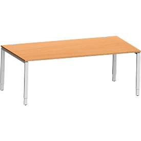 Schäfer Shop Genius Schreibtisch Modena Flex, Rechteck, 4-Fuß Rechteckrohr, B 2000 x T 1000 x H 650-850 mm, Buche/weißaluminium