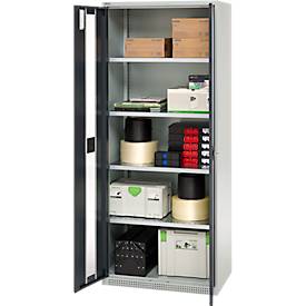 Schäfer Shop Genius Schwerlastschrank FS, Stahlblech, mit Sichtfenster, B 1055 x T 520 x H 1950 mm, 5 OH, lichtgrau/anthrazitgrau, bis 1000 kg