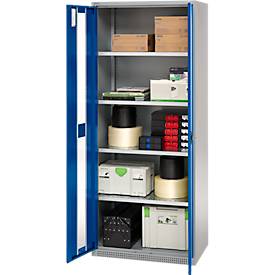 Schäfer Shop Genius Schwerlastschrank FS, Stahlblech, mit Sichtfenster, B 1055 x T 520 x H 1950 mm, 5 OH, weißalu/enzianblau, bis 1000 kg