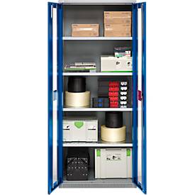 Schäfer Shop Genius Schwerlastschrank FS, Stahlblech, mit Sichtfenster, B 1055 x T 520 x H 1950 mm, 5 OH, weißalu/enzianblau, bis 1000 kg