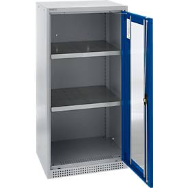 Schäfer Shop Genius Sichttürschrank FS, 3 OH, abschließbar, 2 Fachböden, bis 250 kg, B 545 mm, Stahl, weißaluminium RAL 9006/enzianblau RAL 5010