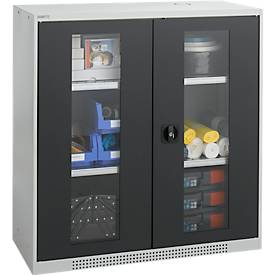 Schäfer Shop Genius Sichttürschrank FS, 3 OH, abschließbar, 2 Fachböden, bis 450 kg, B 1055 mm, Stahl, lichtgrau RAL 7035/anthrazitgrau RAL 7016