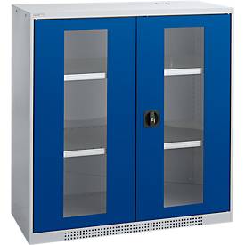 Schäfer Shop Genius Sichttürschrank FS, 3 OH, abschließbar, 2 Fachböden, bis 450 kg, B 1055 mm, Stahl, weißaluminium RAL 9006/enzianblau RAL 5010