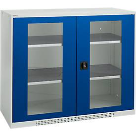 Schäfer Shop Genius Sichttürschrank FS, 3 OH, abschließbar, 2 Fachböden, bis 450 kg, B 1343 mm, Stahl, lichtgrau RAL 7035/enzianblau RAL 5010