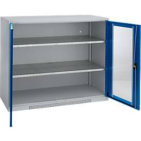 Schäfer Shop Genius Sichttürschrank FS, 3 OH, abschließbar, 2 Fachböden, bis 450 kg, B 1343 mm, Stahl, weißaluminium RAL 9006/enzianblau RAL 5010