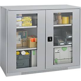 Schäfer Shop Genius Sichttürschrank FS, 3 OH, abschließbar, 2 Fachböden, bis 450 kg, B 1343 mm, Stahl, weißaluminium RAL 9006/weißaluminium RAL 9006