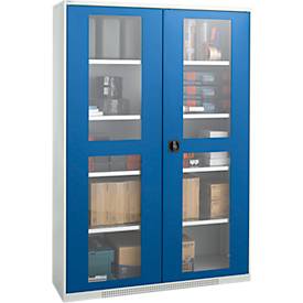 Schäfer Shop Genius Sichttürschrank FS, 5 OH, abschließbar, 4 Fachböden, bis 450 kg, B 1343 mm, Stahl, lichtgrau RAL 7035/enzianblau RAL 5010