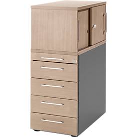 Schäfer Shop Genius Standcontainer mit Aufsatzschrank inkl. Schiebetür, komplett abschließbar, eckiger Griff, Eiche/anthrazit