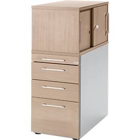 Schäfer Shop Genius Standcontainer mit Aufsatzschrank inkl. Schiebetür, komplett abschließbar, eckiger Griff, Eiche/weißalu