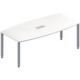 Schäfer Shop Genius Table de réunion MODENA FLEX, hauteur ajustable, forme bateau, 4 pieds avec tubes carrés, l. 2000 x P 1000/800 mm, bloc prise trois entrées, blanc
