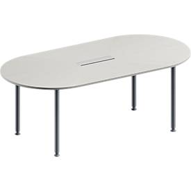 Schäfer Shop Genius Vergadertafel MODENA FLEX, in hoogte verstelbaar, 6-voudige contactdoos, ovale vorm, 4-poot ronde buis, 2000 x 1000 mm, lichtgrijs