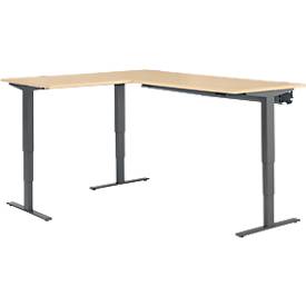 Schäfer Shop Genius Winkelschreibtisch AERO FLEX, elektrisch höhenverstellbar, 90° Winkel, C-Fuß, B 2000 x T 1600 mm, Ahorn-Dekor/anthrazit, Memorypanel + Kabelkanal