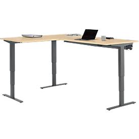 Schäfer Shop Genius Winkelschreibtisch AERO FLEX, elektrisch höhenverstellbar, 90° Winkel, C-Fuß, B 2000 x T 1600 mm, Ahorn-Dekor/anthrazit, Memorypanel + Kabelkanal