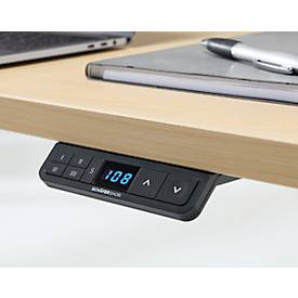 Schäfer Shop Genius Winkelschreibtisch AERO FLEX, elektrisch höhenverstellbar, 90° Winkel, C-Fuß, B 2000 x T 1600 mm, Ahorn-Dekor/anthrazit, Memorypanel + Kabelkanal