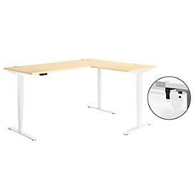 Schäfer Shop Genius Winkelschreibtisch AERO FLEX, elektrisch höhenverstellbar, 90° Winkel, C-Fuß, B 2000 x T 1600 mm, Ahorn-Dekor/weiß, Memorypanel + Kabelkanal