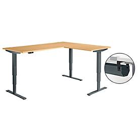 Schäfer Shop Genius Winkelschreibtisch AERO FLEX, elektrisch höhenverstellbar, 90° Winkel, C-Fuß, B 2000 x T 1600 mm, Buche-Dekor/anthrazit, Memorypanel + Kabelkanal