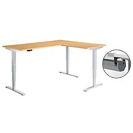 Schäfer Shop Genius Winkelschreibtisch AERO FLEX, elektrisch höhenverstellbar, 90° Winkel, C-Fuß, B 2000 x T 1600 mm, Buche-Dekor/weißaluminium, Memorypanel + Kabelkanal