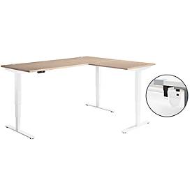 Schäfer Shop Genius Winkelschreibtisch AERO FLEX, elektrisch höhenverstellbar, 90° Winkel, C-Fuß, B 2000 x T 1600 mm, Eiche-Dekor/weiß, Memorypanel + Kabelkanal