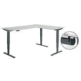 Schäfer Shop Genius Winkelschreibtisch AERO FLEX, elektrisch höhenverstellbar, 90° Winkel, C-Fuß, B 2000 x T 1600 mm, lichtgrau/anthrazit, Memorypanel + Kabelkanal