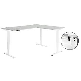 Schäfer Shop Genius Winkelschreibtisch AERO FLEX, elektrisch höhenverstellbar, 90° Winkel, C-Fuß, B 2000 x T 1600 mm, lichtgrau/weiß, Memorypanel + Kabelkanal