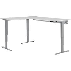 Schäfer Shop Genius Winkelschreibtisch AERO FLEX, elektrisch höhenverstellbar, 90° Winkel, C-Fuß, B 2000 x T 1600 mm, lichtgrau/weißaluminium, Memorypanel + Kabelkanal