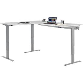 Schäfer Shop Genius Winkelschreibtisch AERO FLEX, elektrisch höhenverstellbar, 90° Winkel, C-Fuß, B 2000 x T 1600 mm, lichtgrau/weißaluminium, Memorypanel + Kabelkanal