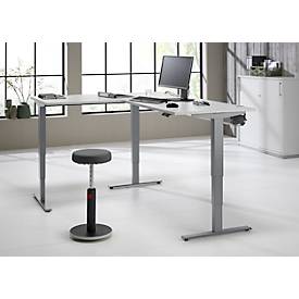 Schäfer Shop Genius Winkelschreibtisch AERO FLEX, elektrisch höhenverstellbar, 90° Winkel, C-Fuß, B 2000 x T 1600 mm, lichtgrau/weißaluminium, Memorypanel + Kabelkanal