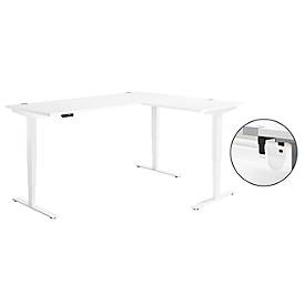 Schäfer Shop Genius Winkelschreibtisch AERO FLEX, elektrisch höhenverstellbar, 90° Winkel, C-Fuß, B 2000 x T 1600 mm, weiß/weiß, Memorypanel + Kabelkanal
