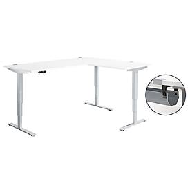 Schäfer Shop Genius Winkelschreibtisch AERO FLEX, elektrisch höhenverstellbar, 90° Winkel, C-Fuß, B 2000 x T 1600 mm, weiß/weißaluminium, Memorypanel + Kabelkanal