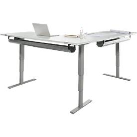 Schäfer Shop Genius Winkelschreibtisch AERO FLEX, elektrisch höhenverstellbar, 90° Winkel wechselseitig, B 2000 mm, lichtgrau/weißalu + 2x Kabelwanne
