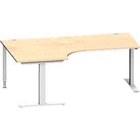 Schäfer Shop Genius Winkelschreibtisch MODENA FLEX, 90° Winkel links, T-Fuß Rechteckrohr, B 2000 x T 1200/800 x H 650-850 mm, Ahorn/weißalu