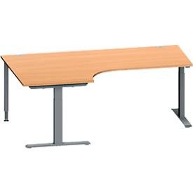 Schäfer Shop Genius Winkelschreibtisch MODENA FLEX, 90° Winkel links, T-Fuß Rechteckrohr, B 2000 x T 1200/800 x H 650-850 mm, Buche/anthrazit