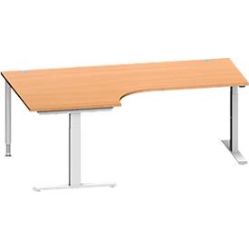 Schäfer Shop Genius Winkelschreibtisch MODENA FLEX, 90° Winkel links, T-Fuß Rechteckrohr, B 2000 x T 1200/800 x H 650-850 mm, Buche/weißalu