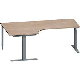 Schäfer Shop Genius Winkelschreibtisch MODENA FLEX, 90° Winkel links, T-Fuß Rechteckrohr, B 2000 x T 1200/800 x H 650-850 mm, Eiche/anthrazit