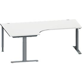 Schäfer Shop Genius Winkelschreibtisch MODENA FLEX, 90° Winkel links, T-Fuß Rechteckrohr, B 2000 x T 1200/800 x H 650-850 mm, lichtgrau/anthrazit