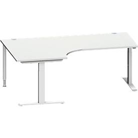 Schäfer Shop Genius Winkelschreibtisch MODENA FLEX, 90° Winkel links, T-Fuß Rechteckrohr, B 2000 x T 1200/800 x H 650-850 mm, lichtgrau/weißalu