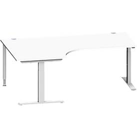 Schäfer Shop Genius Winkelschreibtisch MODENA FLEX, 90° Winkel links, T-Fuß Rechteckrohr, B 2000 x T 1200/800 x H 650-850 mm, weiß/weißalu