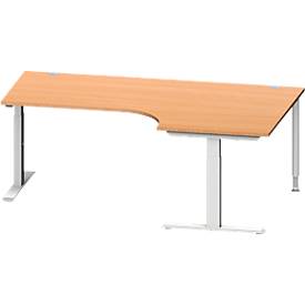 Schäfer Shop Genius Winkelschreibtisch MODENA FLEX, 90° Winkel rechts, T-Fuß Rechteckrohr, B 2000 x T 1200/800 x H 650-850 mm, Buche/weißalu