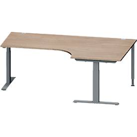 Schäfer Shop Genius Winkelschreibtisch MODENA FLEX, 90° Winkel rechts, T-Fuß Rechteckrohr, B 2000 x T 1200/800 x H 650-850 mm, Eiche/anthrazit