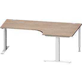 Schäfer Shop Genius Winkelschreibtisch MODENA FLEX, 90° Winkel rechts, T-Fuß Rechteckrohr, B 2000 x T 1200/800 x H 650-850 mm, Eiche/weißalu