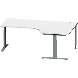 Schäfer Shop Genius Winkelschreibtisch MODENA FLEX, 90° Winkel rechts, T-Fuß Rechteckrohr, B 2000 x T 1200/800 x H 650-850 mm, lichtgrau/anthrazit