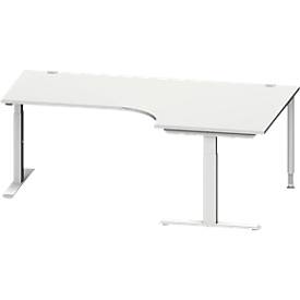 Schäfer Shop Genius Winkelschreibtisch MODENA FLEX, 90° Winkel rechts, T-Fuß Rechteckrohr, B 2000 x T 1200/800 x H 650-850 mm, lichtgrau/weißalu