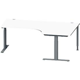 Schäfer Shop Genius Winkelschreibtisch MODENA FLEX, 90° Winkel rechts, T-Fuß Rechteckrohr, B 2000 x T 1200/800 x H 650-850 mm, weiß/anthrazit