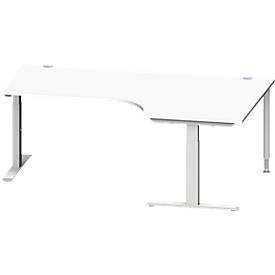 Schäfer Shop Genius Winkelschreibtisch MODENA FLEX, 90° Winkel rechts, T-Fuß Rechteckrohr, B 2000 x T 1200/800 x H 650-850 mm, weiß/weißalu