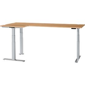 Schäfer Shop Genius Winkelschreibtisch Modena Flex, elektrisch höhenverstellbar, 90° Winkel beidseitig, B 2000 x T 1600 mm, Buche/weißaluminium