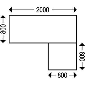 Schäfer Shop Genius Winkelschreibtisch Modena Flex, elektrisch höhenverstellbar, 90° Winkel beidseitig, B 2000 x T 1600 mm, Buche/weißaluminium
