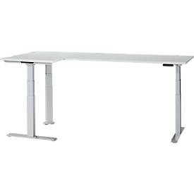 Schäfer Shop Genius Winkelschreibtisch Modena Flex, elektrisch höhenverstellbar, 90° Winkel beidseitig, B 2000 x T 1600 mm, lichtgrau/weißaluminium
