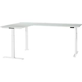 Schäfer Shop Genius Winkelschreibtisch Modena Flex, elektrisch höhenverstellbar, 90° Winkel beidseitig, B 2000 x T 2000 mm, lichtgrau/weiß
