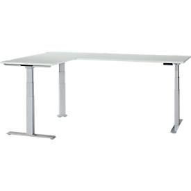 Schäfer Shop Genius Winkelschreibtisch Modena Flex, elektrisch höhenverstellbar, 90° Winkel beidseitig, B 2000 x T 2000 mm, lichtgrau/weißaluminium
